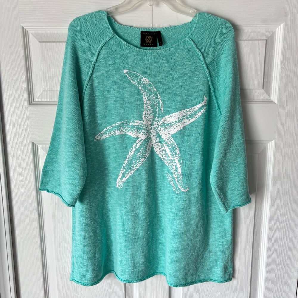Vecceli Italy Women’s Resort Wear Teal Painted Starfish 3/4 Sleeve Sweater
